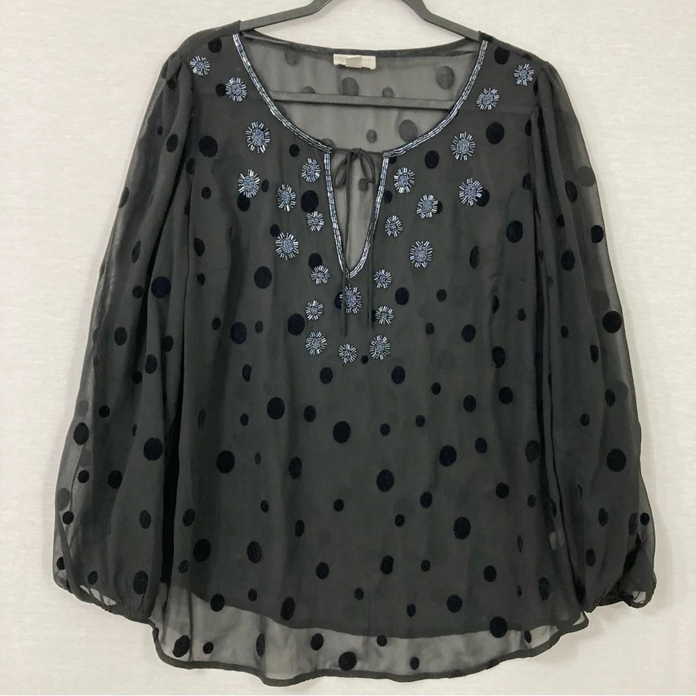 Charter Club Black Polka Dot Beaded Detail Sheer Evening Blouse‎ size 1X